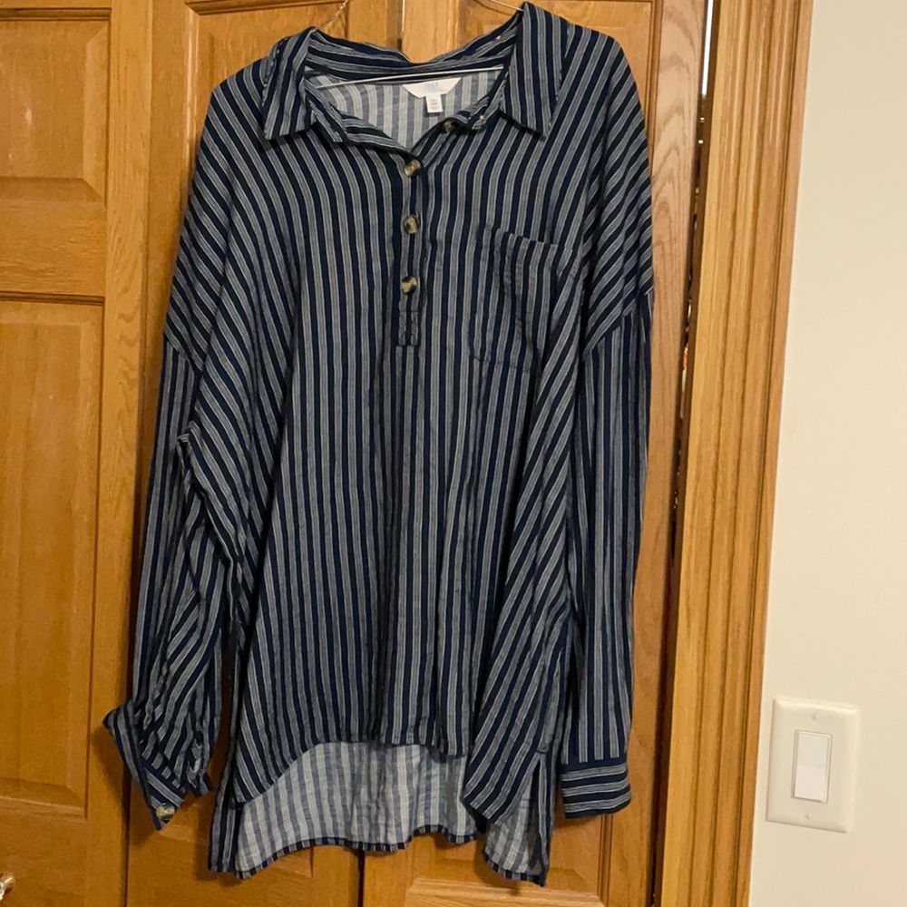 Navy and white striped 3/4 sleeve shirt